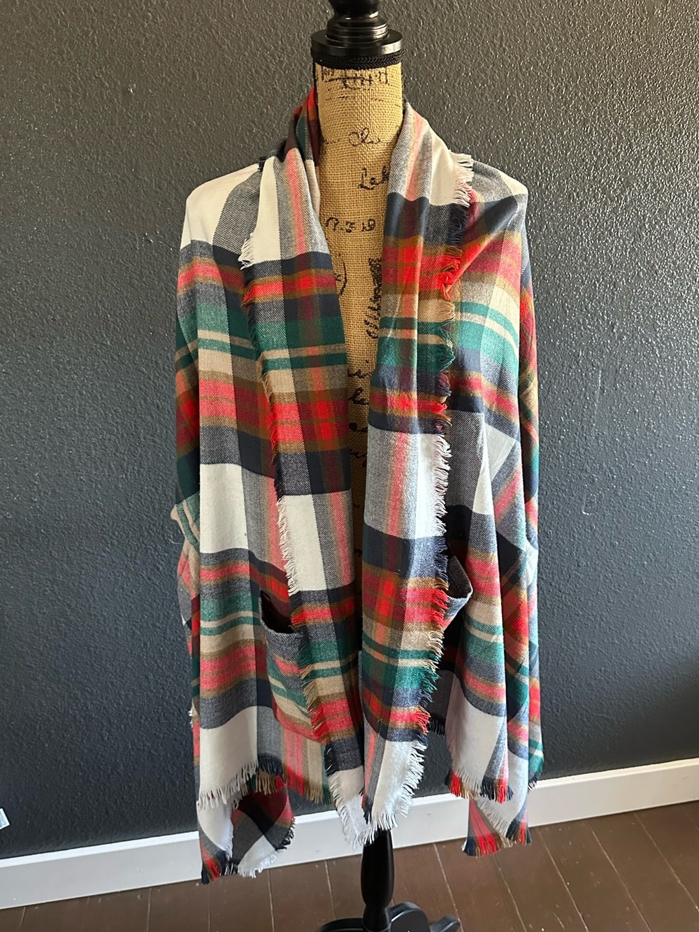 Grace & Lace Pocket Poncho Scarf Ivory Teal Plaid Wrap Pockets OS